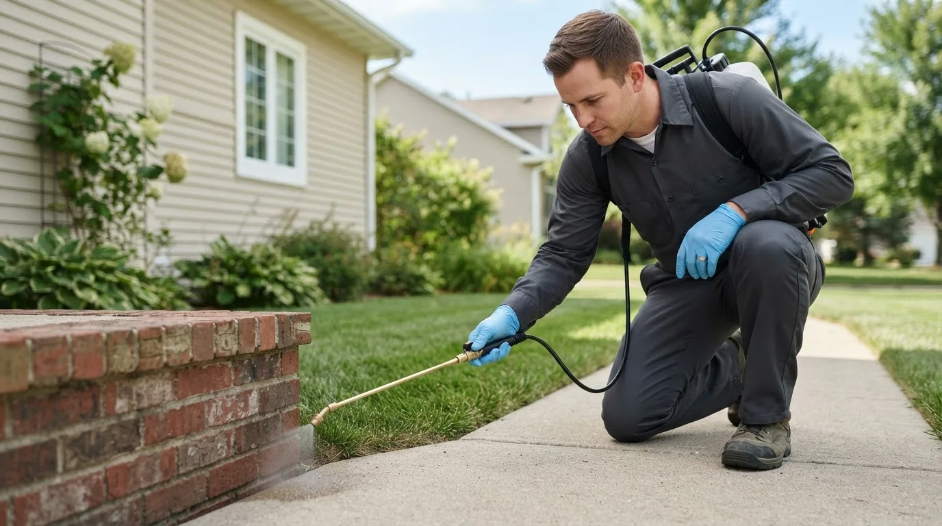 Pest control technician treating a home near Dunkerton, IA