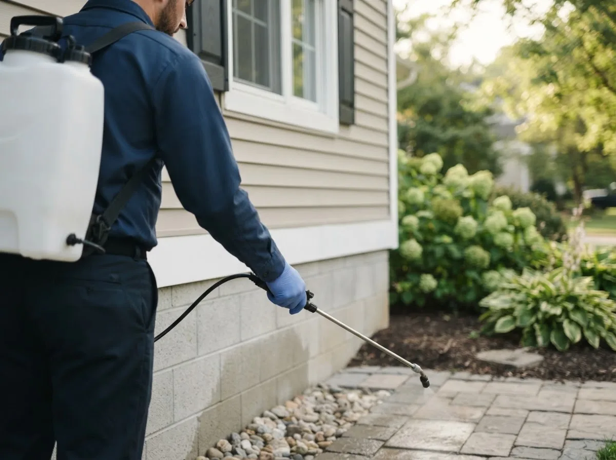 Pest control technician inspecting a home in Dunkerton, IA